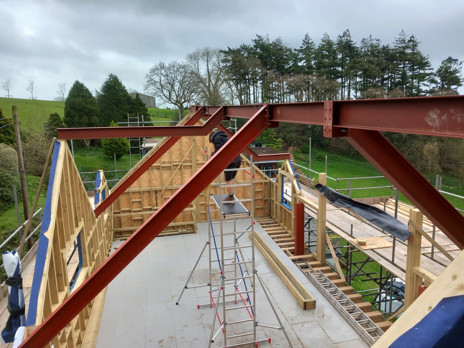 Structural steel rafters going up